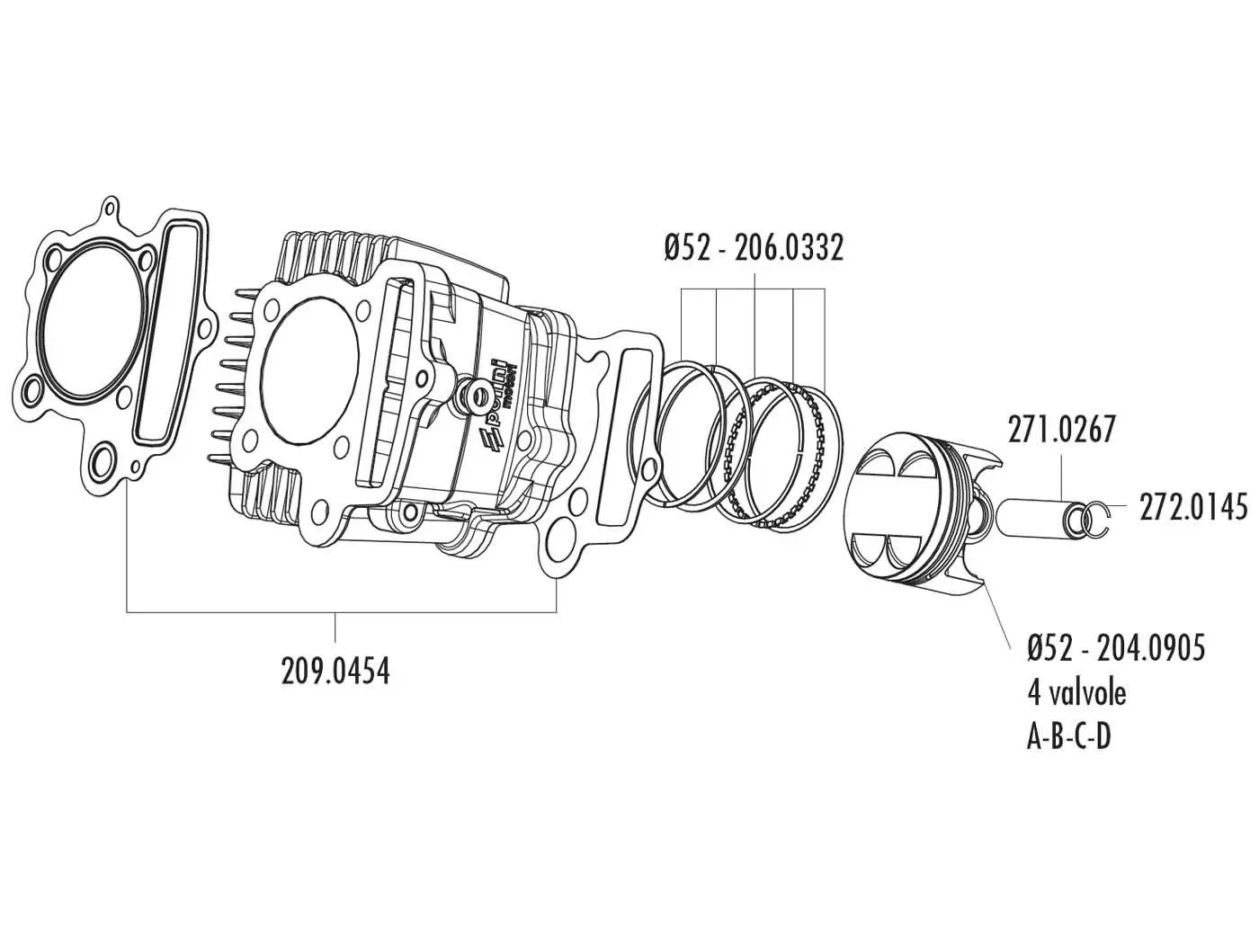 Piston Kit Polini 107cc 52mm (B) For Polini Minicross, Minimotard 110 XP4T With 4V Cylinder Head