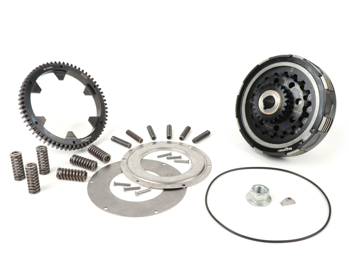 Clutch Incl. Primary Drive Set -BGM Pro Superstrong 2.0 CR80 Ultralube, Type Cosa2/FL - Primary Gear 63 Tooth (straight) - Vespa PX80, PX125, PX150, PX200, Cosa, T5, Sprint150 Veloce, Rally, GTR, TS125, Super150 (VBC) - 23/63 Tooth (2.74)