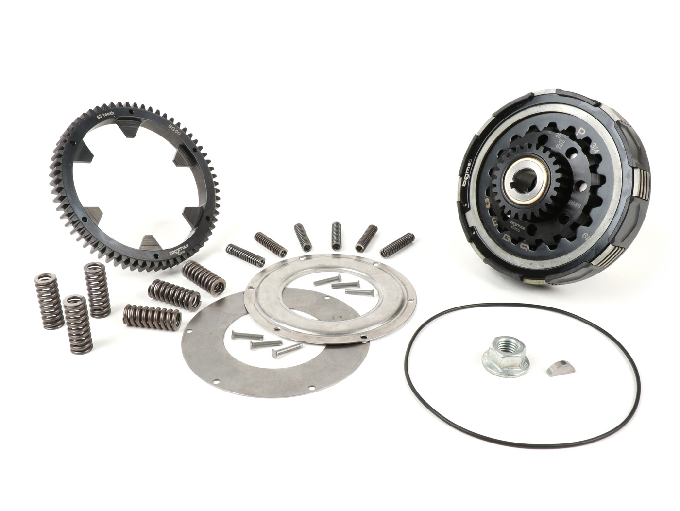 Clutch Incl. Primary Drive Set -BGM Pro Superstrong 2.0 CR80 Ultralube, Type Cosa2/FL - Primary Gear BGM Pro 63 Tooth (straight) - Vespa PX80, PX125, PX150, PX200, Cosa, T5, Sprint150 Veloce, Rally, GTR, TS125, Super150 (VBC) - 25/63 Tooth (2.52)