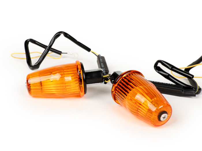 Pair Of Indicators -MOTO NOSTRA Handlebar End Indicator LED (E-mark), 6 Volt- Vespa V50, 50SR, 50 Sprinter, 90SS, 90 Racer, PV125, ET3, Sprint150, Rally180/200 - Orange