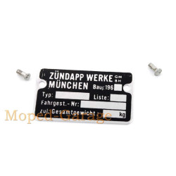 Type Plate Aluminum Black With Notched Nails For Zündapp, Bergsteiger, C, GTS, KS, Combinette