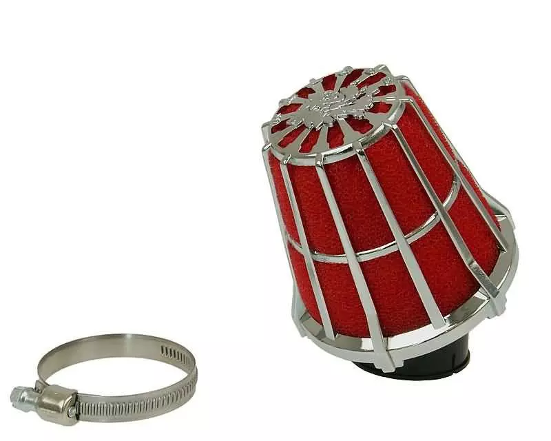 Air Filter Malossi Red Filter E5 Racing Grid 38mm Carb Connection Red Filter, Chrome Latticed Housing