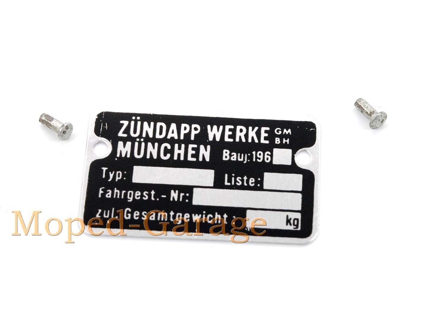 Type Plate Aluminum Black With Notched Nails For Zündapp, Bergsteiger, C, GTS, KS, Combinette