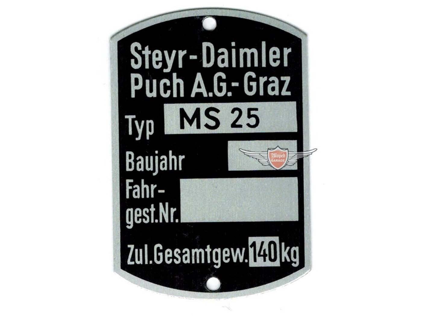Blank Type Plate 60 X 40mm For Puch MS 25