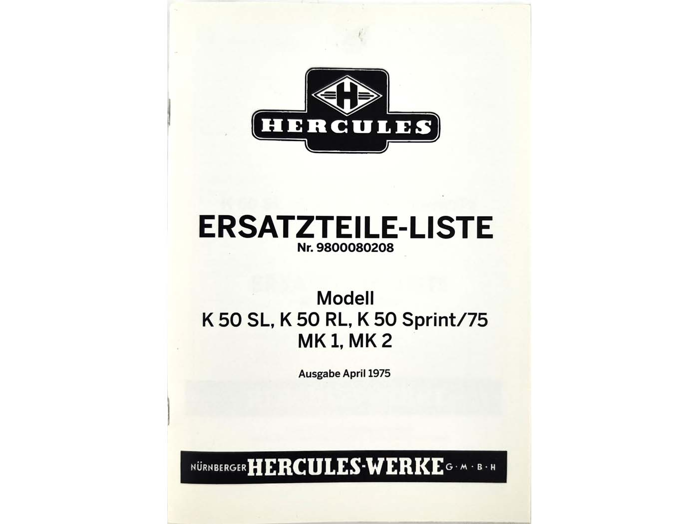 Spare Parts List Parts Catalog 1975 For Hercules K 50 RL SL MK 1 MK 2 Sprint Moki