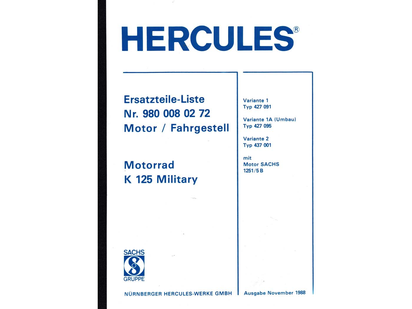 Spare Parts List Catalog For Hercules K 125 BW Bundeswehr Krad Military
